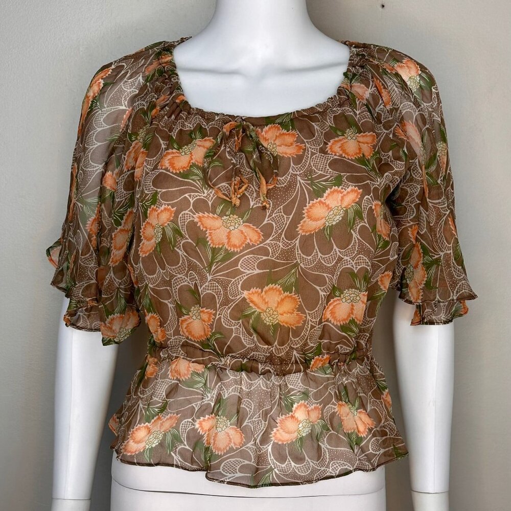 Vintage 1970s/80s Sheer Brown and Orange Floral Blouse, Prophecy Size Medium